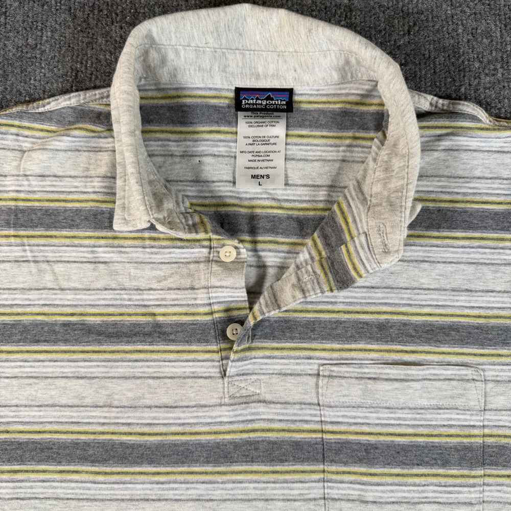 Patagonia Mens Organic Cotton Striped Polo Shirt Grey Yellow SP14 Large #3425